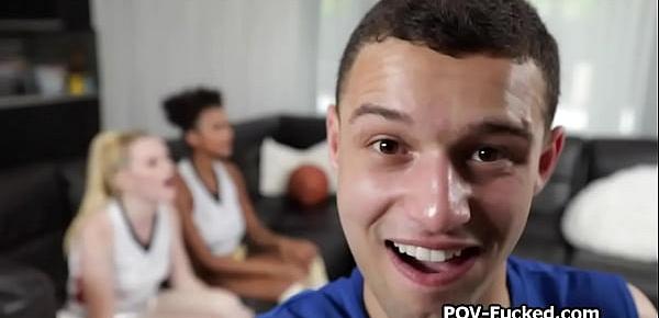 POV interracial threesome with sporty besties